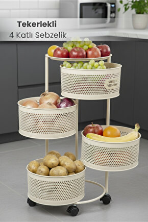 4 Katlı Tekerlekli Tepsili Metal Sebzelik Açılır Patates Soğan Meyvelik Sepeti Raf KREM