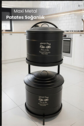 Siyah Maxi Metal Patates Soğanlık Dev Boy Patates Soğan Saklama Kovası Sebzelik