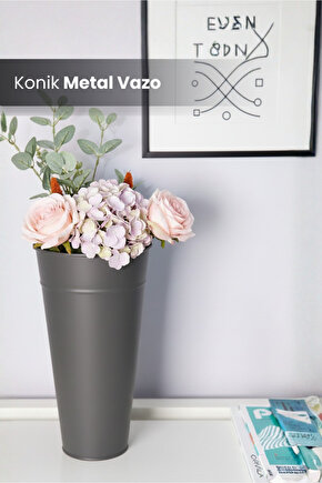 Antrasit Gri Metal Konik Vazo Şemsiyelik Kova Dekoratif Çiçeklik Aranjman Metal Saksı