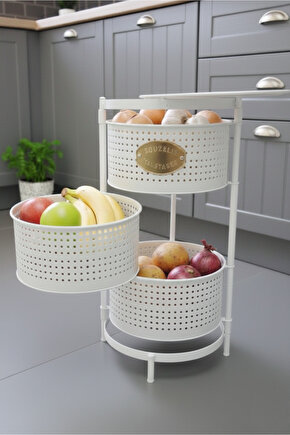 3 Katlı Tepsili Metal Sebzelik Açılır Metal Patates Soğan Meyvelik Sepeti Rafı Beyaz