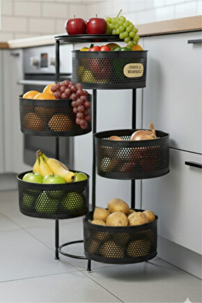 Metal Sebzelik 5 Katlı Tepsili Açılır Metal Patates Soğan Meyvelik Sepeti Rafı Siyah