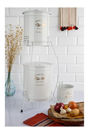 Asılabilir Sarımsaklık Kovalı 2 Katlı Metal Patates Soğanlık Kovası Çeyizlik Büyük Boy - Beyaz