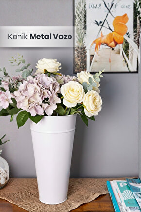 Beyaz Metal Konik Vazo Şemsiyelik Kova Dekoratif Çiçeklik Aranjman Metal Saksı