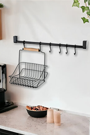 Siyah Retro Sepet Ve 6 Kancalı Askılı Boru Seti - Metal