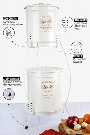 2 Katlı Metal Patates Soğanlık Kovası Çeyizlik Sebzelik Saklama Kabı - Beyaz