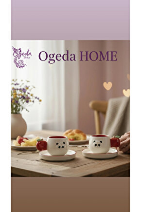 Panda Figürlü 2’li Fincan Seti–Elma Kulplu Seramik Kahve Fincanı–Fincan Takımı–Hediye Fincan