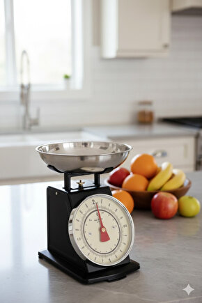 Vintage Tasarım Analog Mutfak Terazisi 5 kg Kapasiteli Pirinç Kaseli Siyah
