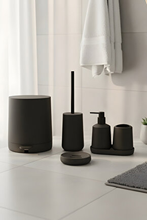 Mat Siyah 5 Parça Yuvarlak Banyo Seti – Kovası, Tuvalet Fırçası, Sıvı Sabunluk