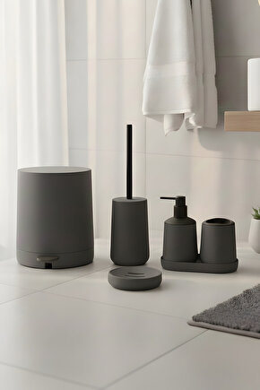Mat Gri 5 Parça Yuvarlak Banyo Seti – Kovası, Tuvalet Fırçası, Sıvı Sabunluk