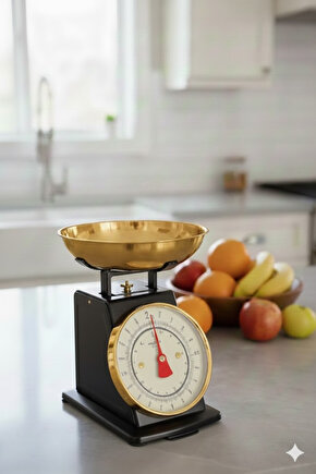 Vintage Tasarım Analog Mutfak Terazisi 5 kg Kapasiteli Pirinç Kaseli Siyah Gold