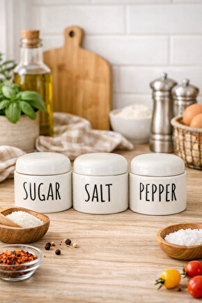 Porselen Küçük Baharatlık Takımı 3’lü – Kapaklı, Minimal Tasarım, Tezgah Üstü