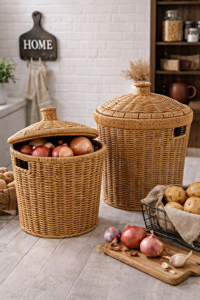 2’li Rattan Patates Soğan Saklama Sepeti Seti Kapaklı – Büyük 27×28×27  Küçük 23×24×24 cm