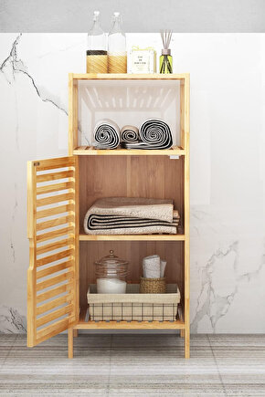 Doğal Bambu 4 Raflı Banyo ve Çamaşır Dolabı – Tek Kapaklı Panjur Tasarım Saklama Dolabı