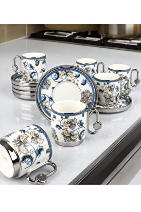 6 Kişilik Porselen Lüx Gümüş Detaylı Vintage Kahve Fincan Takımı