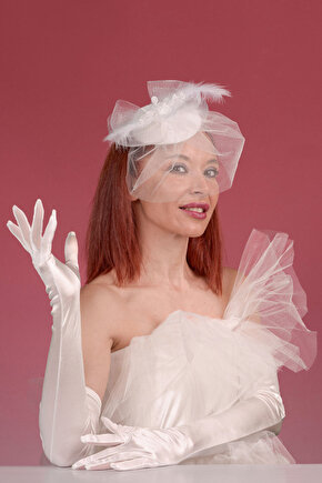 Kırık Beyaz Dantelli Gelin Kepi Nikah Şapkası Ve Saten Uzun Gelin Eldiveni  Kombin Set