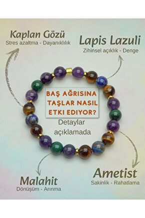 DOĞALTAŞ BAŞ AĞRISI İÇİN ŞİFA (AMETİST, KAPLANGÖZÜ, LAPİS LAZULİ, MALAHİT) 8mm