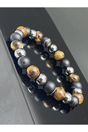 Üçlü Koruma (Kaplangözü-Güç Oniks-koruma Hematit-Denge) Şifalı Doğaltaş Bileklik