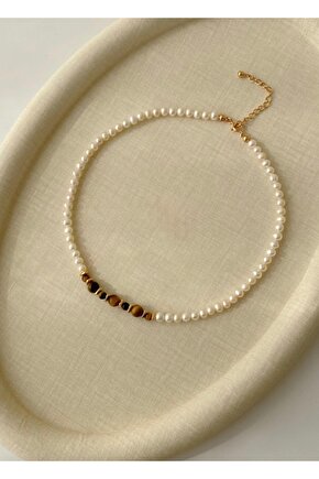 Sertifikalı Gerçek İnci Ve Kaplan Gözü Doğal Taş Tasarım Kolye 45 Cm