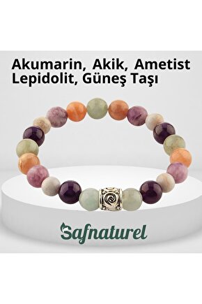 Akumarin, Akik, Ametist Lepidolit, Güneş Taşı Doğal Taş Bileklik 8 Mm