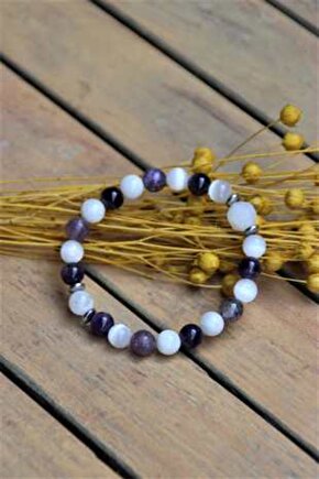 Ay Taşı - Ametist - Selenit Doğal Taş Bileklik 8 Mm