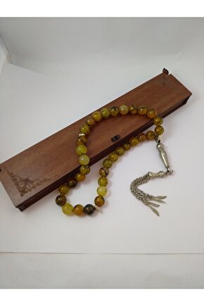 Yeşil Damarlı Akik Taşı Tespih Ahşap Kutulu  10 Mm Doğaltaş Tespih