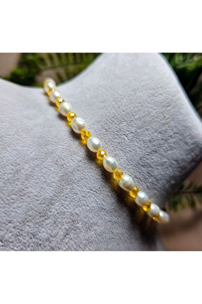 İnci Doğal Taş Halhal - Sarı - 1 Adet ( El Yapımı Tasarım Ürünler )