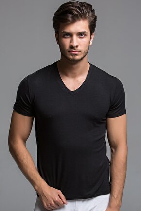 Bambu Erkek V Yaka Tişört Ve Şort Seti Siyah