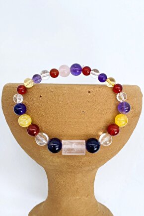 Dönüşümlü Sitrin, Ametist, Pembe ve Kristal Kuvars, Akik Doğal Taş Bileklik 8 mm