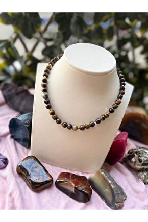 Kaplan Gözü Taşı Doğal Taş Kolye 40 cm