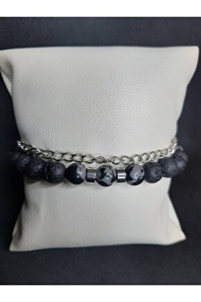 Siyah Lav Taşı ve Füme Akik Taşlı Zincir Detaylı Ayarlanabilir Şık Bileklik