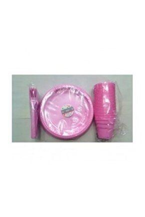 Pembe Renk 25 Li Plastik Bardak + Catal + Tabak