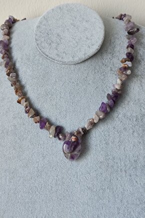 Sertifikalı Ametist Kırıktaş Doğaltaş Kalp Kolye