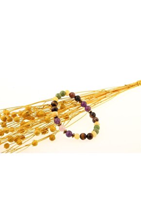 Özel Tasarım Doğal Taş Bileklik 8 mm Ametist, Pembe Kuvars, Yeşim, Kehribar, Kaplan Gözü