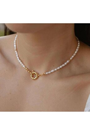 Gerçek Kum Arpa İnci Kolye Denizci Kapama Tasarımlı