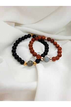 Çift Sevgili Eş Doğal Taş Bileklik Hediyelik Ürün Yıldız Taşı Akuamarin Obsidyen