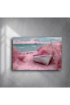 Pastel Sahil ve Tekne Cam Tablo