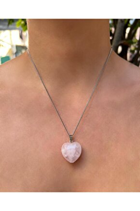 Bombeli Kalp Model Pembe Kuvars Doğal Taş Kolye
