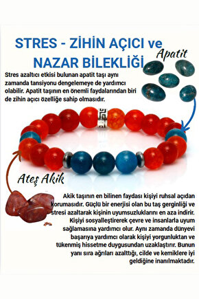 STRES ZİHİN AÇICI NAZAR BİLEKLİĞİ -%100 Doğaltaş (Ateş Akik-Apatit) Doğal taş bileklik