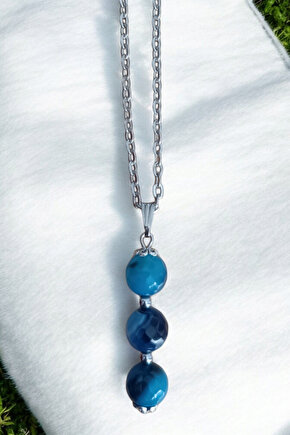 Faset Mavi Akik kolye Akik kolye  doğal taş kolye zincirli kadın kolye hediyelik kolye 10 mm