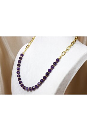 Altın Kaplama Zincirli Faset Kesimli Ametist Tasarım Kolye