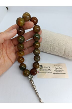 İRİ KESİM DOĞALTAŞ TESPİH YEŞİL DAMARLI AKİK TAŞI ŞAK ŞAK TESPİH 16 mm-1032