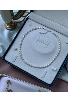 925 Ayar Gümüş Sertifikalı Doğal Orta Boy Arpa Inci Kolye -40cm 7cm Uzatma Zinciri