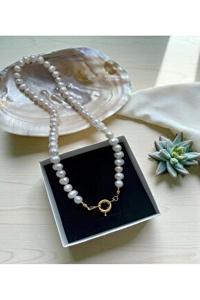 45cm Sertifikalı Doğal Beyaz İnci Kolye - Gemici Dümen Kilit - 8 mm