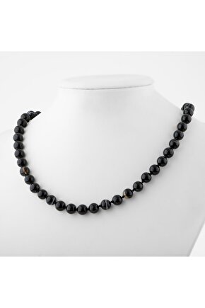 Siyah Göz Akik 8 mm Düğümlü Doğal Taş Kolye