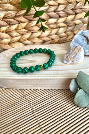 Malakit Doğal Taş Unisex Bileklik 8mm - Altın Halka