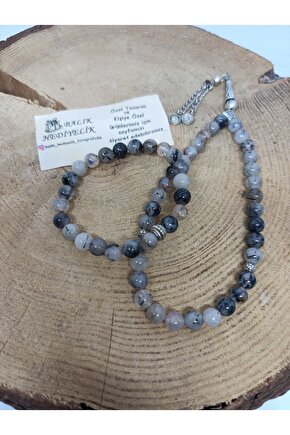 DOĞALTAŞ TESPİH-BİLEKLİK TAKIM AHŞAP KUTULU  GRİ DAMARLI AKİK TAŞI TESPİH VE BİLEKLİK TAKIM 1001