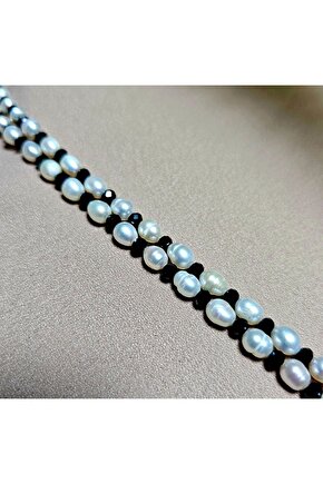 İnci Doğal Taş Halhal - Siyah - 1 Adet ( El Yapımı Tasarım Ürünler )