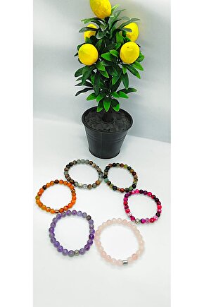 Ametist & Pembe Kuvars & 3 Adet Akik & Jasper 6’lı Doğal Taş Bileklik Seti Hediye Aksesuar Kombin