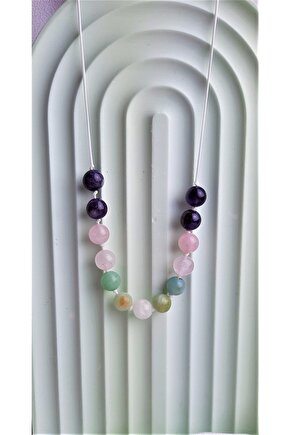 Kadın Doğal Taş Dişil Enerji Kolye, Ay Taşı ,ametist ,pembe Kuvars, Amazonit