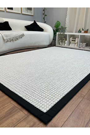 Kumaş Bordür Beyaz Bukle Siyah Bordür Halı Salon Koridor Mutfak Halısı Kilim S256